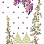 "Vibrant multicolored floral neckline embroidery design with roses, peacock motifs, gold daman patches, vine panels, and geometric border. Complete set for kurtis and suits. Multi-format instant download."