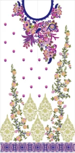 "Vibrant multicolored floral neckline embroidery design with roses, peacock motifs, gold daman patches, vine panels, and geometric border. Complete set for kurtis and suits. Multi-format instant download."