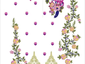 "Vibrant multicolored floral neckline embroidery design with roses, peacock motifs, gold daman patches, vine panels, and geometric border. Complete set for kurtis and suits. Multi-format instant download."