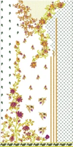 "Purple Floral Lattice Embroidery Design Preview – Yellow Purple Roses with Green Net Background for Kurti Panel"