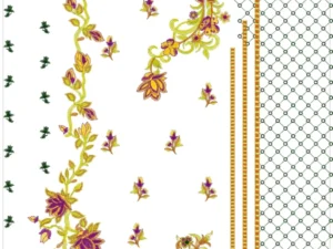 "Purple Floral Lattice Embroidery Design Preview – Yellow Purple Roses with Green Net Background for Kurti Panel"
