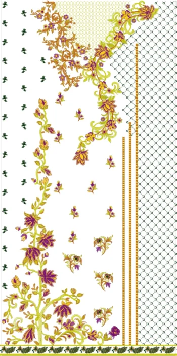 "Purple Floral Lattice Embroidery Design Preview – Yellow Purple Roses with Green Net Background for Kurti Panel"