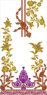 The symmetrical floral motif features cascading yellow and golden flowers with brown stems climbing upward from a rich purple and gold ornate central bottom element resembling a traditional paisley or dome-shaped border. The design is framed by intricate brown and red lace-like edging at the base, set against a white background with a vertical center line. Includes color chart with 67 color changes, 453,558 stitches, and dimensions of 1121.3 mm height by 552.3 mm width.