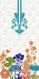 Wilcom EmbroideryStudio production worksheet for Pakistani dress front panel design (code EDGD P11). The symmetrical layout features a vibrant turquoise chandelier-like neckline motif with intricate floral drops hanging from the top center, transitioning downward to a lush multicolored floral garden border in shades of orange, pink, blue, green, purple, and yellow against a pale cream background. Includes 502,426 stitches, 29 color changes, dimensions of 1121.9 mm height by 555.2 mm width, and Tajima format.