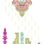 The design features a vibrant, ornate neckline motif in pink, purple, green, and yellow with intricate floral and paisley elements, extending downward into symmetrical hanging tassel-like drops and a detailed bottom border with sequins, floral clusters, and geometric accents on a pale yellow background. Includes sequin details, 315,007 stitches, 48 color changes, dimensions of 1121.1 mm height by 551.7 mm width, and Tajima format.