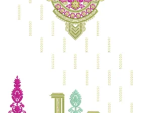 The design features a vibrant, ornate neckline motif in pink, purple, green, and yellow with intricate floral and paisley elements, extending downward into symmetrical hanging tassel-like drops and a detailed bottom border with sequins, floral clusters, and geometric accents on a pale yellow background. Includes sequin details, 315,007 stitches, 48 color changes, dimensions of 1121.1 mm height by 551.7 mm width, and Tajima format.