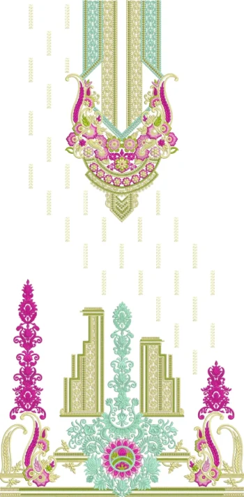 The design features a vibrant, ornate neckline motif in pink, purple, green, and yellow with intricate floral and paisley elements, extending downward into symmetrical hanging tassel-like drops and a detailed bottom border with sequins, floral clusters, and geometric accents on a pale yellow background. Includes sequin details, 315,007 stitches, 48 color changes, dimensions of 1121.1 mm height by 551.7 mm width, and Tajima format.