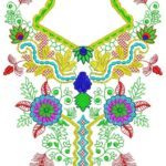 Intricate machine embroidery neckline design featuring flowing cyan & blue waves, golden yellow leaves, magenta & purple centre flowers, red foliage accents, and bright green outer border – design code ED-NKP02