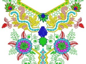 Intricate machine embroidery neckline design featuring flowing cyan & blue waves, golden yellow leaves, magenta & purple centre flowers, red foliage accents, and bright green outer border – design code ED-NKP02