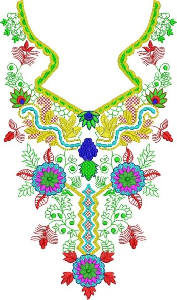 Intricate machine embroidery neckline design featuring flowing cyan & blue waves, golden yellow leaves, magenta & purple centre flowers, red foliage accents, and bright green outer border – design code ED-NKP02
