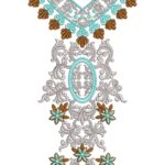 Elegant machine-embroidered V-neck gala design with intricate swirling florals, scalloped borders, central oval motif, and cascading pendant detail for kurtas and dresses.