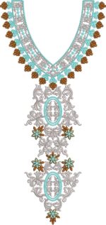 Elegant machine-embroidered V-neck gala design with intricate swirling florals, scalloped borders, central oval motif, and cascading pendant detail for kurtas and dresses.