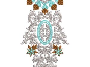 Elegant machine-embroidered V-neck gala design with intricate swirling florals, scalloped borders, central oval motif, and cascading pendant detail for kurtas and dresses.