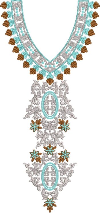 Elegant machine-embroidered V-neck gala design with intricate swirling florals, scalloped borders, central oval motif, and cascading pendant detail for kurtas and dresses.