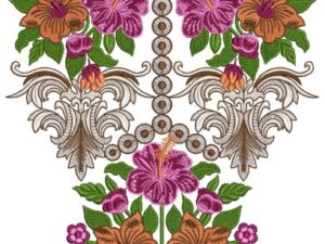 Vibrant machine-embroidered neckline gala with large floral blooms, swirling vines, ornate borders, and extended pendant design for kurtas and ethnic dresses.