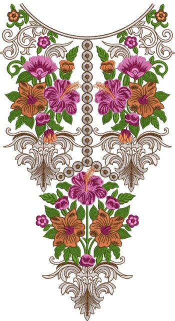 Vibrant machine-embroidered neckline gala with large floral blooms, swirling vines, ornate borders, and extended pendant design for kurtas and ethnic dresses.