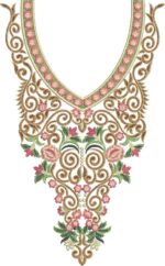 Graceful machine-embroidered neckline gala featuring swirling ornate patterns, delicate floral borders, and extended pendant with symmetrical floral accents for ethnic wear.