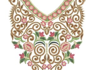 Graceful machine-embroidered neckline gala featuring swirling ornate patterns, delicate floral borders, and extended pendant with symmetrical floral accents for ethnic wear.