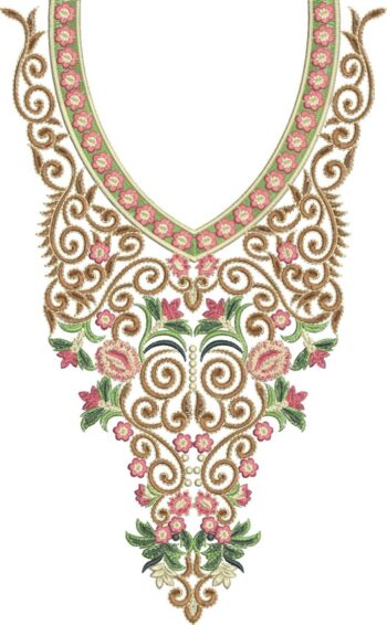 Graceful machine-embroidered neckline gala featuring swirling ornate patterns, delicate floral borders, and extended pendant with symmetrical floral accents for ethnic wear.