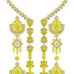 Ornate machine-embroidered neckline gala with dangling pendant motifs, circular medallions, intricate diamond patterns, and delicate floral borders for ethnic kurtas and dresses.