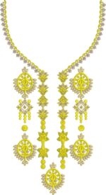 Ornate machine-embroidered neckline gala with dangling pendant motifs, circular medallions, intricate diamond patterns, and delicate floral borders for ethnic kurtas and dresses.