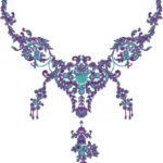 Intricate machine-embroidered neckline gala with ornate baroque motifs, swirling vines, central floral centerpiece, dangling accents, and symmetrical pendant extension for ethnic wear.