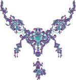 Intricate machine-embroidered neckline gala with ornate baroque motifs, swirling vines, central floral centerpiece, dangling accents, and symmetrical pendant extension for ethnic wear.