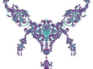 Intricate machine-embroidered neckline gala with ornate baroque motifs, swirling vines, central floral centerpiece, dangling accents, and symmetrical pendant extension for ethnic wear.