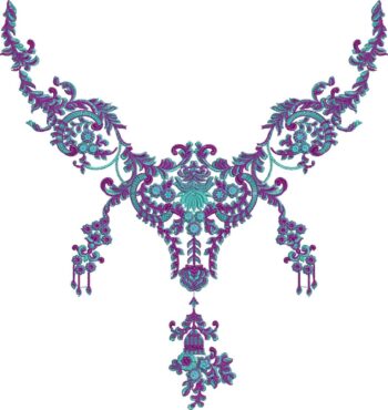 Intricate machine-embroidered neckline gala with ornate baroque motifs, swirling vines, central floral centerpiece, dangling accents, and symmetrical pendant extension for ethnic wear.
