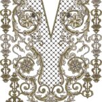 Luxurious machine-embroidered neckline gala with intricate netted mesh background, ornate baroque scrolls, floral medallions, geometric pendants, and symmetrical chain-like borders for ethnic kurtas.