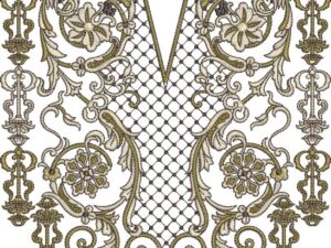 Luxurious machine-embroidered neckline gala with intricate netted mesh background, ornate baroque scrolls, floral medallions, geometric pendants, and symmetrical chain-like borders for ethnic kurtas.