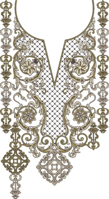 Luxurious machine-embroidered neckline gala with intricate netted mesh background, ornate baroque scrolls, floral medallions, geometric pendants, and symmetrical chain-like borders for ethnic kurtas.