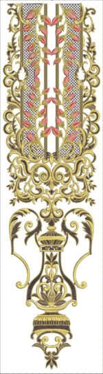 Luxurious machine-embroidered neckline gala with intricate netted mesh background, ornate baroque scrolls, floral medallions, geometric pendants, and symmetrical chain-like borders for ethnic kurtas.