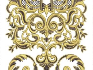 Luxurious machine-embroidered neckline gala with intricate netted mesh background, ornate baroque scrolls, floral medallions, geometric pendants, and symmetrical chain-like borders for ethnic kurtas.