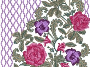 Beautiful machine-embroidered neckline gala with lush rose and flower clusters, leafy vines, wavy netted border, and cascading floral arrangement for ethnic kurtas and dresses.