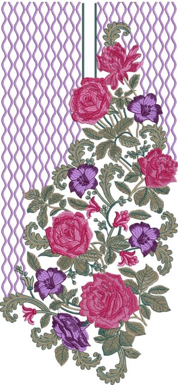 Beautiful machine-embroidered neckline gala with lush rose and flower clusters, leafy vines, wavy netted border, and cascading floral arrangement for ethnic kurtas and dresses.