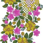 Vibrant machine-embroidered neckline gala with abundant blooming flowers, lush foliage, central lattice medallion, and cascading floral vines for ethnic kurtas and dresses.