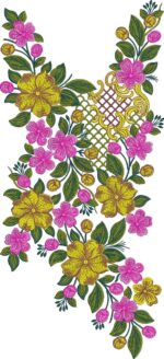 Vibrant machine-embroidered neckline gala with abundant blooming flowers, lush foliage, central lattice medallion, and cascading floral vines for ethnic kurtas and dresses.