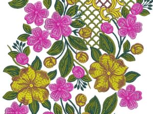 Vibrant machine-embroidered neckline gala with abundant blooming flowers, lush foliage, central lattice medallion, and cascading floral vines for ethnic kurtas and dresses.