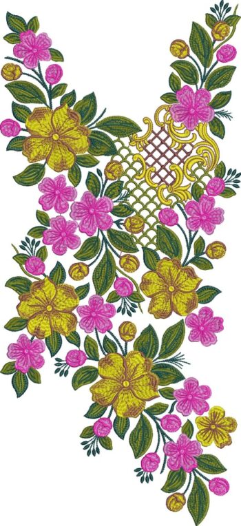 Vibrant machine-embroidered neckline gala with abundant blooming flowers, lush foliage, central lattice medallion, and cascading floral vines for ethnic kurtas and dresses.