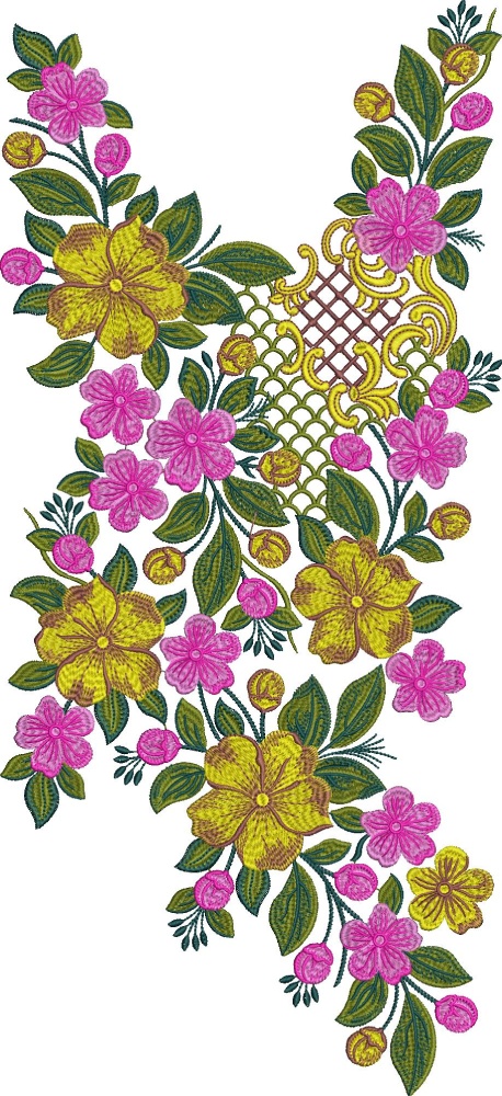 ED-NKP11 Vibrant machine-embroidered neckline gala with abundant blooming flowers, lush foliage, central lattice medallion, and cascading floral vines for ethnic kurtas and dresses.