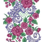 Charming machine-embroidered neckline gala with abundant floral clusters, swirling vines, lattice net accents, lush foliage, and symmetrical blooming design for ethnic kurtas and dresses.