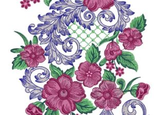 Charming machine-embroidered neckline gala with abundant floral clusters, swirling vines, lattice net accents, lush foliage, and symmetrical blooming design for ethnic kurtas and dresses.