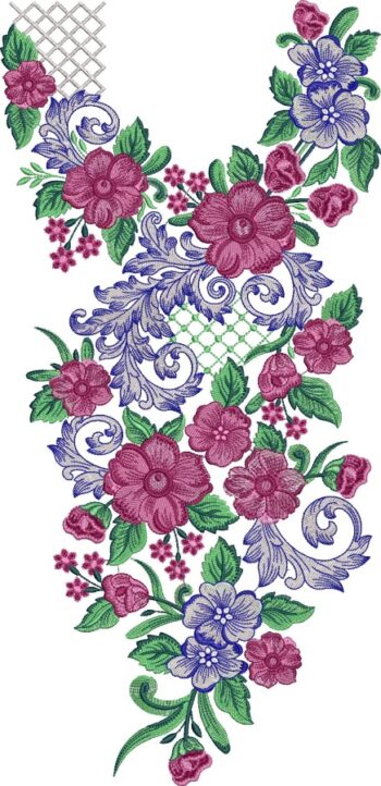Charming machine-embroidered neckline gala with abundant floral clusters, swirling vines, lattice net accents, lush foliage, and symmetrical blooming design for ethnic kurtas and dresses.
