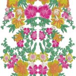 Vibrant machine-embroidered neckline gala with abundant colorful blooms, lush foliage, symmetrical floral clusters, and cascading petal arrangements for ethnic kurtas and dresses.