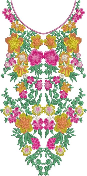 Vibrant machine-embroidered neckline gala with abundant colorful blooms, lush foliage, symmetrical floral clusters, and cascading petal arrangements for ethnic kurtas and dresses.