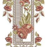 Elegant machine-embroidered neckline gala with large rose blooms, leafy vines, textured striped central panel, ornate borders, and symmetrical cascading floral pendant for ethnic kurtas and dresses.