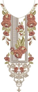 Elegant machine-embroidered neckline gala with large rose blooms, leafy vines, textured striped central panel, ornate borders, and symmetrical cascading floral pendant for ethnic kurtas and dresses.