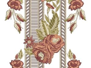 Elegant machine-embroidered neckline gala with large rose blooms, leafy vines, textured striped central panel, ornate borders, and symmetrical cascading floral pendant for ethnic kurtas and dresses.