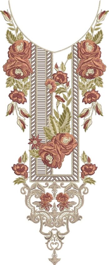 Elegant machine-embroidered neckline gala with large rose blooms, leafy vines, textured striped central panel, ornate borders, and symmetrical cascading floral pendant for ethnic kurtas and dresses.